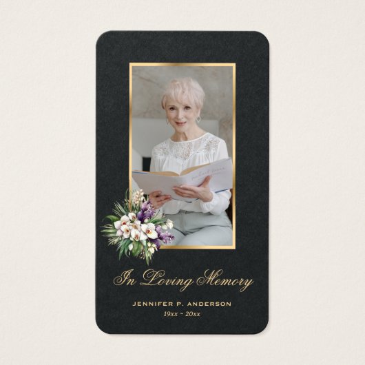 Wit Orchidee Zwart Goud Foto Begrafenisgebed Kaart (Voorkant)
