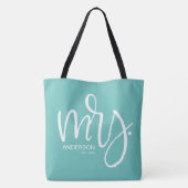 Wit over blauwgroen gepersonaliseerde mevrouw ESTA Tote Bag (Achterkant)