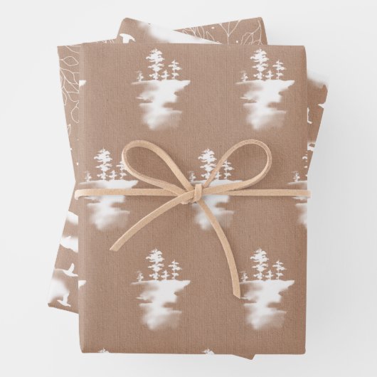 Wit over Kraft Trees, Vogels en Foliage Inpakpapier Vel (In situ)