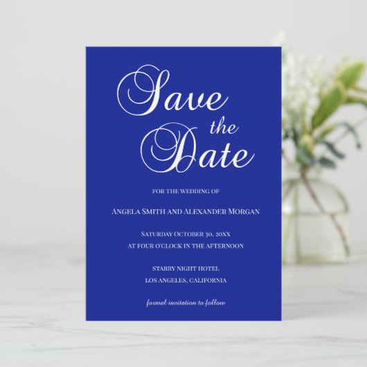 Wit over Royal Blue Decorative Script Save The Date (Staand voorkant)