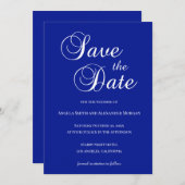 Wit over Royal Blue Decorative Script Save The Date (Voorkant / Achterkant)