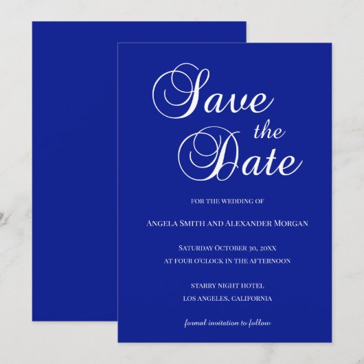 Wit over Royal Blue Decorative Script Save The Date (Voorkant / Achterkant)