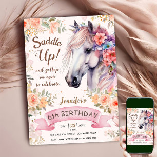 Wit Paard 6e Verjaardag Bloemen Meisje Zadel Op Kaart
