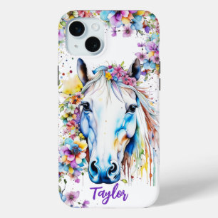  wit paard bloemen gepersonaliseerd iPhone 15 mini hoesje