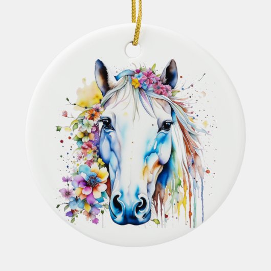 wit paard bloemen gepersonaliseerd keramisch ornament (Voorkant)