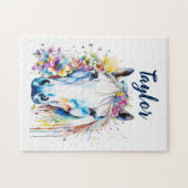  wit paard bloemen gepersonaliseerd legpuzzel (Horizontaal)