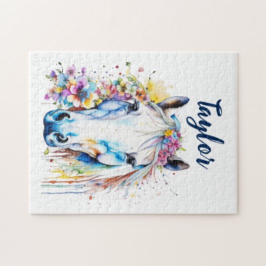  wit paard bloemen gepersonaliseerd legpuzzel (Horizontaal)