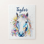  wit paard bloemen gepersonaliseerd legpuzzel (Verticaal)