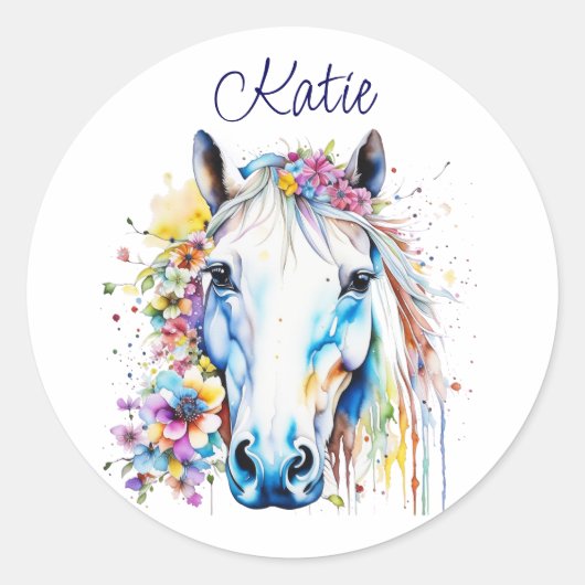  wit paard bloemen gepersonaliseerd ronde sticker (Voorkant)