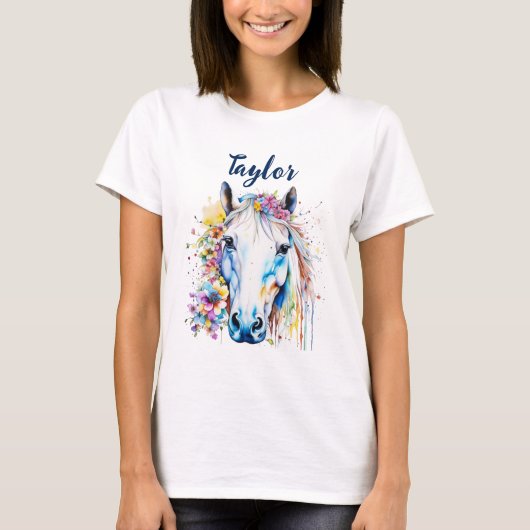  wit paard bloemen gepersonaliseerd t-shirt (Voorkant)
