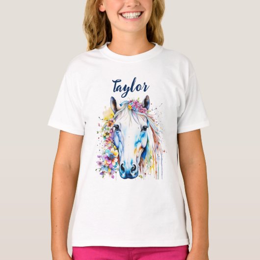  wit paard bloemen gepersonaliseerd t-shirt (Voorkant)