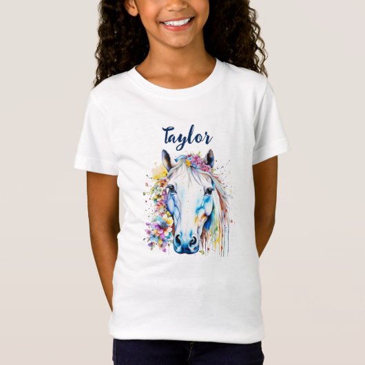 wit paard bloemen gepersonaliseerd t-shirt (Voorkant)