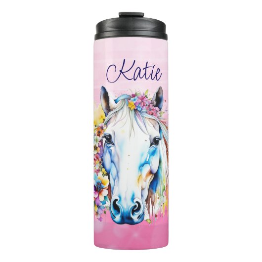  wit paard bloemen gepersonaliseerd thermosbeker (Voorkant)