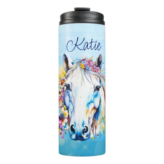 wit paard bloemen gepersonaliseerd thermosbeker (Voorkant)