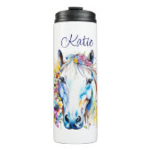  wit paard bloemen gepersonaliseerd thermosbeker (Voorkant)