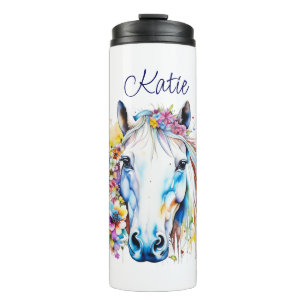  wit paard bloemen gepersonaliseerd thermosbeker