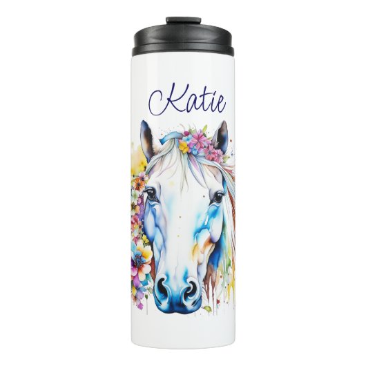  wit paard bloemen gepersonaliseerd thermosbeker (Voorkant)