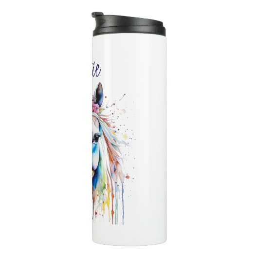  wit paard bloemen gepersonaliseerd thermosbeker (Geroteerd rechts)