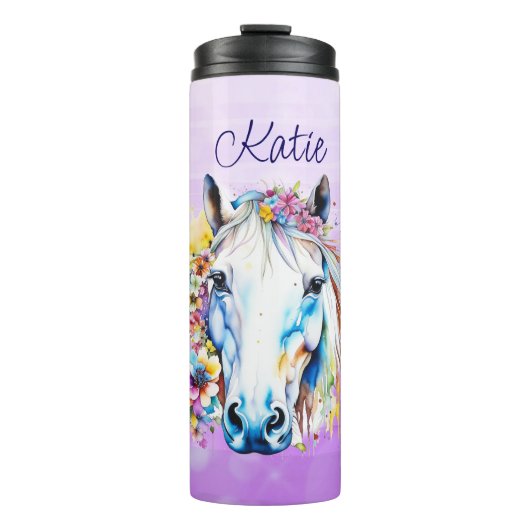  wit paard bloemen gepersonaliseerd thermosbeker (Voorkant)