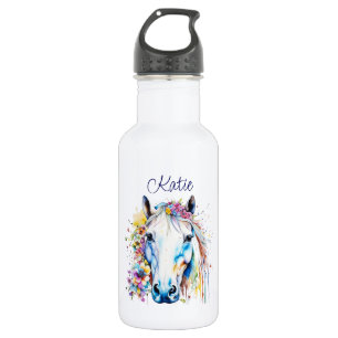  wit paard bloemen gepersonaliseerd waterfles 