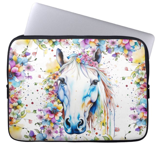  wit paard bloemig Paarse en roze Laptop Sleeve (Voorkant)