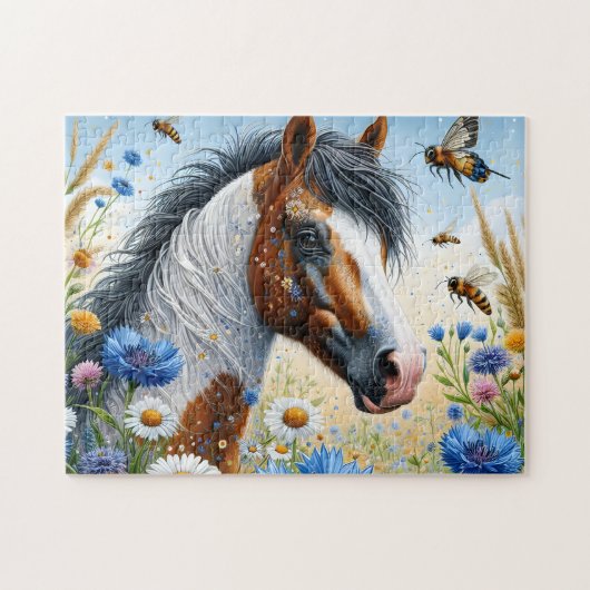 Wit Paard Bloemstuk Legpuzzel (Horizontaal)