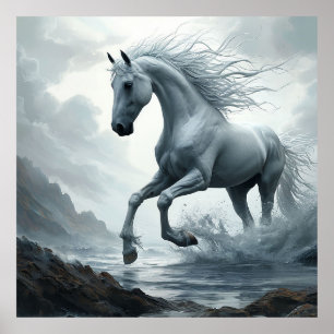 Wit Paard dat door Water Rent Poster