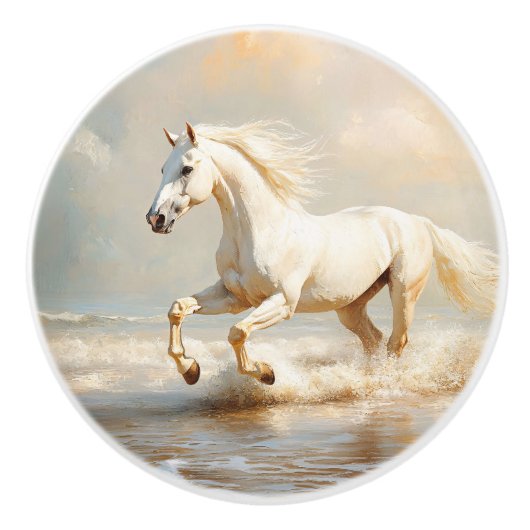 Wit Paard dat over het Strand Rent Keramische Knop (Voorkant)