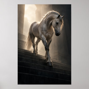 Wit Paard dat Stenen Treden Afdaalt Equestriële Wa Poster