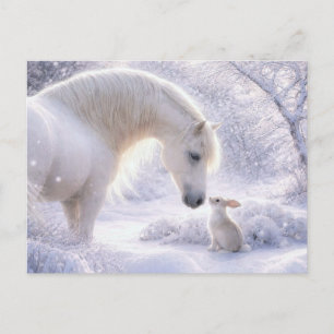 Wit Paard en Konijn Sneeuw Kerstmis Feestdagenkaart