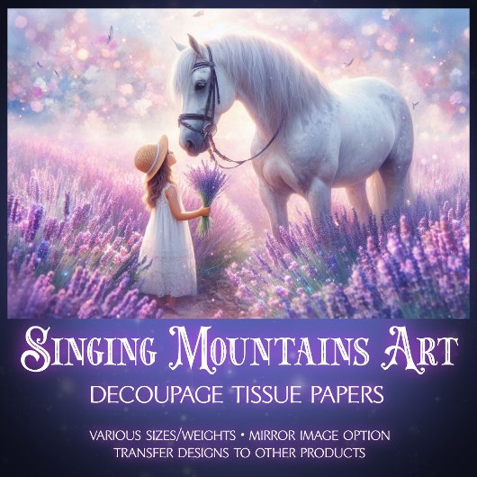 Wit Paard en Meisje in Lavendelweide Découpage Tissuepapier