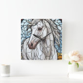 Wit Paard glas in lood Vierkante Klok (Huis)