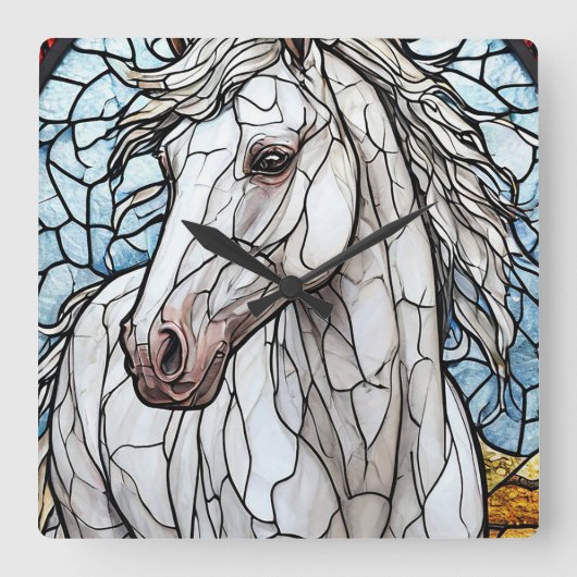 Wit Paard glas in lood Vierkante Klok (Voorkant)