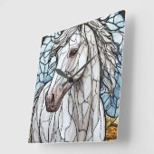 Wit Paard glas in lood Vierkante Klok (Hoek)