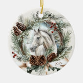 Wit paard grijs paard Kerstmis pinecone krans Keramisch Ornament (Voorkant)