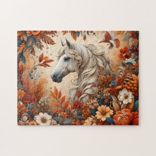 Wit Paard Herfst Bloemen Legpuzzel (Horizontaal)