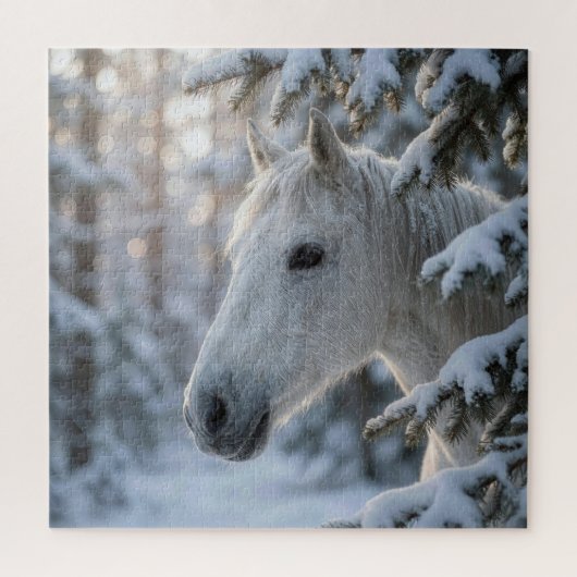 Wit Paard In Besneeuwde Dennenboom Legpuzzel (Verticaal)
