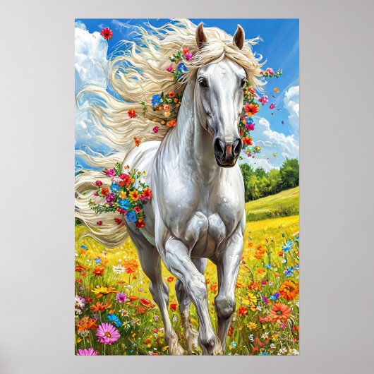 Wit Paard in Bloeiend Weidelandschap Decoratie (Voorkant)