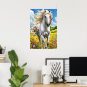 Wit Paard in Bloeiend Weidelandschap Decoratie (Thuiskantoor)