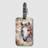 Wit paard in bloemen. bagagelabel (Voorkant (verticaal))