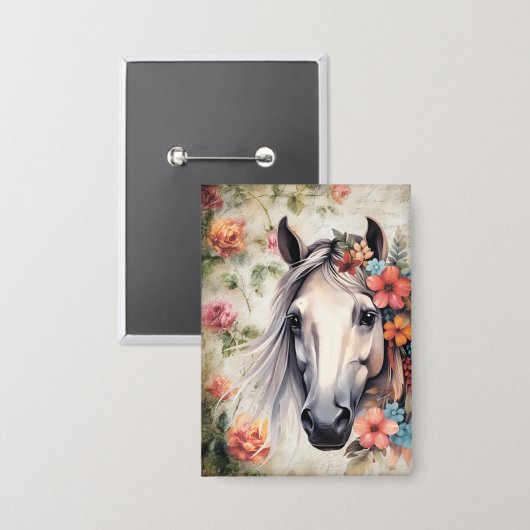 Wit paard in bloemen. button (Voorkant / Achterkant)