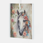 Wit paard in bloemen. glas ornament (Voorkant links)