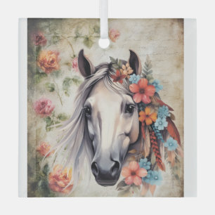 Wit paard in bloemen. glas ornament