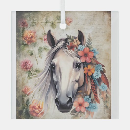 Wit paard in bloemen. glas ornament (Voorkant)