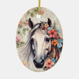 Wit paard in bloemen. keramisch ornament