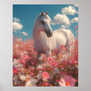 Wit paard in een veld vol bloesems poster
