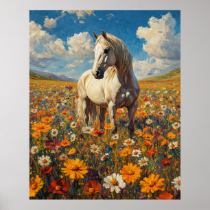 Wit Paard in een Wilde Bloemensymfonie Poster