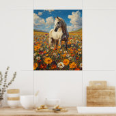 Wit Paard in een Wilde Bloemensymfonie Poster (Keuken)