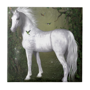 Wit Paard in het Bos met Kolibries Tegeltje