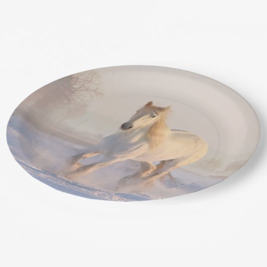 wit paard in sneeuw papieren bordje (Gekanteld)